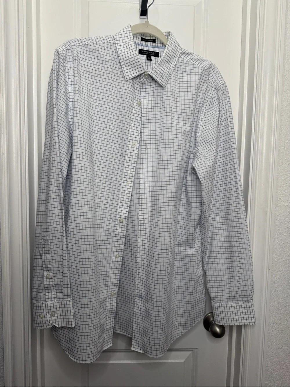 Banana Republic Grant Slim Fit Non-Iron 100% Cotton Dress Shirt Blue Check Sz L